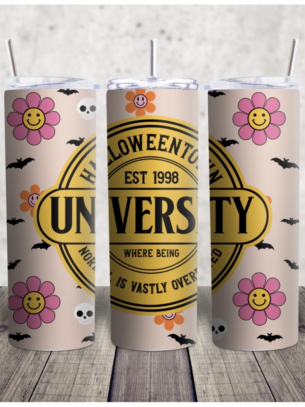 Hand Crafted Pink & Yellow Halloweentown University Floral Tumbler